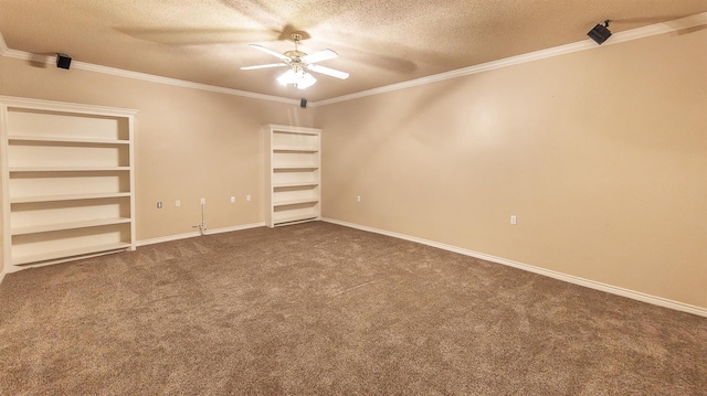 carpeted spare room featuring ceiling fan, crown molding, and a textured ceiling