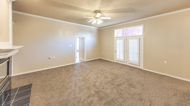 unfurnished living room featuring ceiling fan, ornamental molding, a textured ceiling, and dark colored carpet