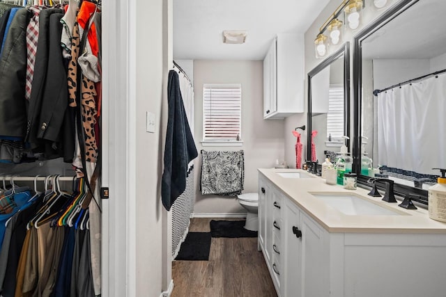 bathroom featuring vanity, a healthy amount of sunlight, wood-type flooring, and toilet