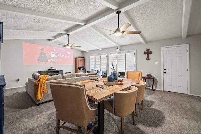 carpeted dining area with ceiling fan, lofted ceiling with beams, and a textured ceiling