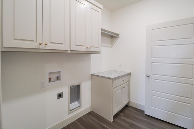 laundry room featuring dark wood-style floors, washer hookup, cabinet space, electric dryer hookup, and baseboards