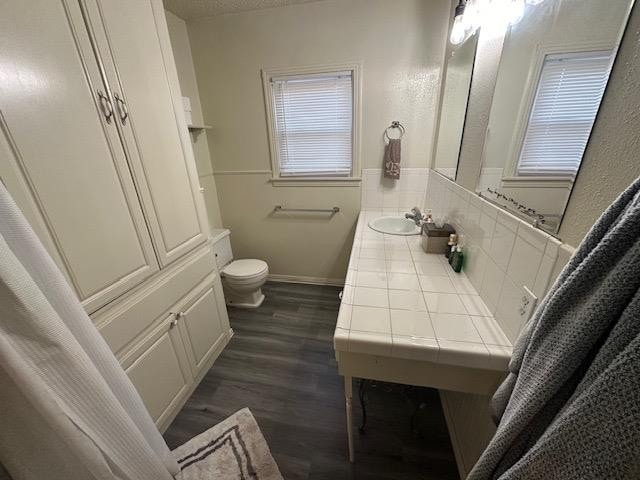 bathroom with hardwood / wood-style flooring, vanity, and toilet