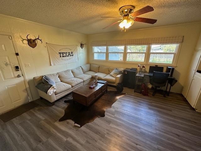 living room featuring dark wood-type flooring, ceiling fan, and a textured ceiling