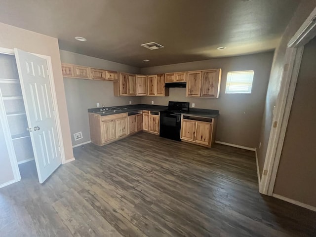 kitchen featuring dark hardwood / wood-style floors, sink, and electric range