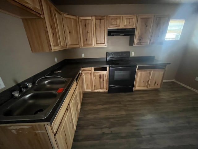 kitchen featuring light brown cabinetry, sink, dark wood-type flooring, and black electric range