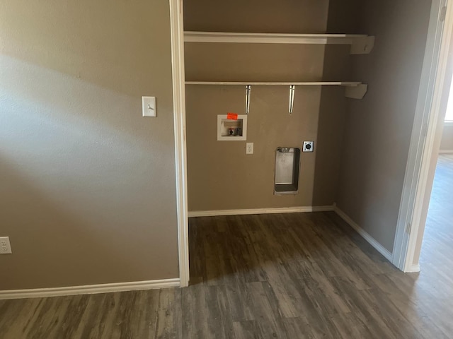 washroom with electric dryer hookup, hookup for a washing machine, and dark hardwood / wood-style floors