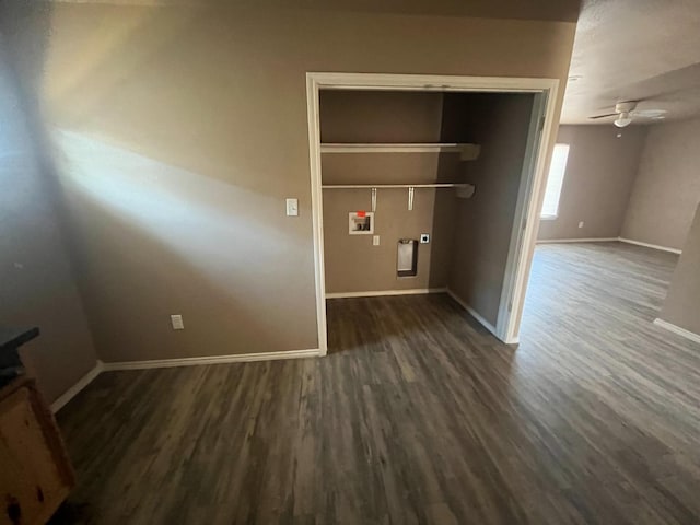 clothes washing area featuring ceiling fan, washer hookup, and dark hardwood / wood-style flooring