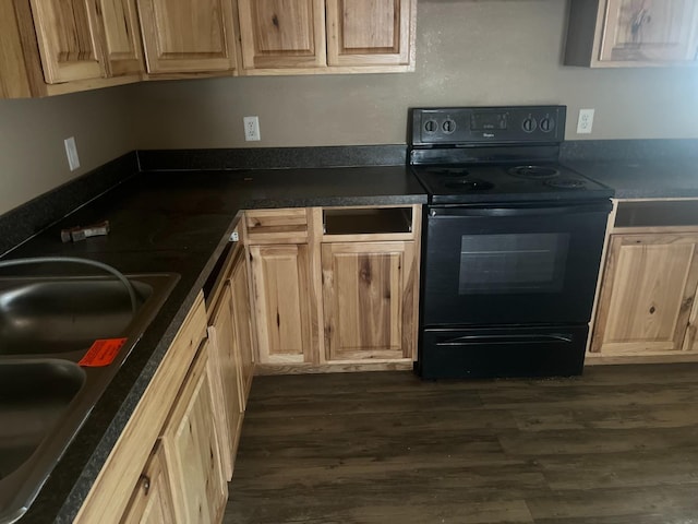 kitchen with dark hardwood / wood-style floors, sink, light brown cabinetry, and black electric range