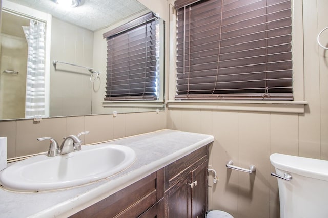 bathroom featuring vanity, a textured ceiling, and toilet