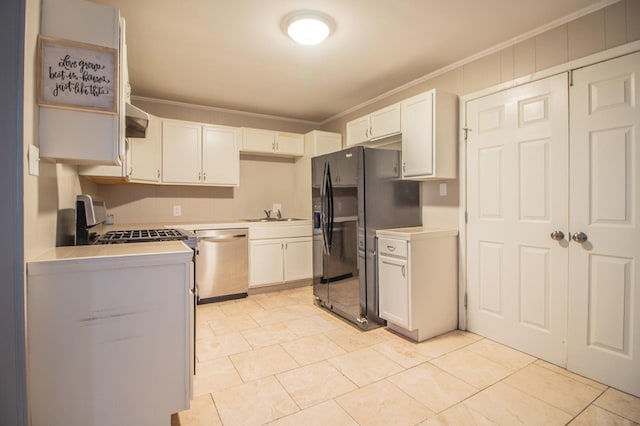 kitchen with black fridge with ice dispenser, white cabinetry, range, stainless steel dishwasher, and ornamental molding