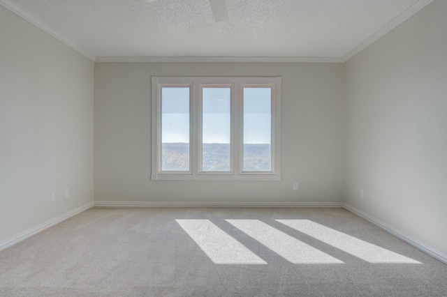 empty room featuring light carpet, ornamental molding, and a textured ceiling