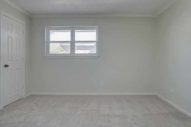 carpeted spare room featuring crown molding and a textured ceiling