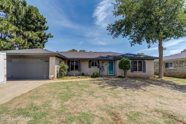 3312 86th St, Lubbock, TX 79423 - ranch-style home with brick siding, an attached garage, concrete driveway, and a front yard