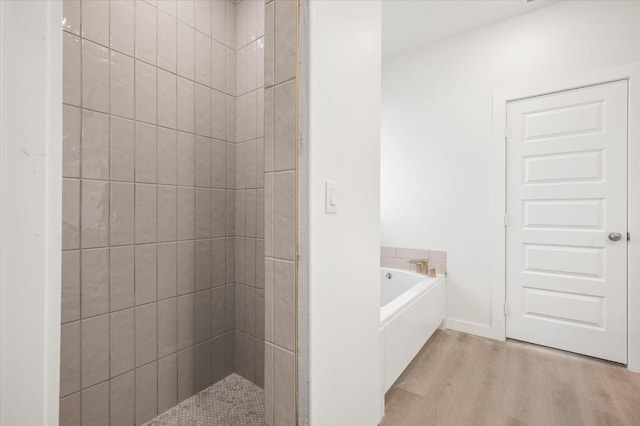 bathroom with wood-type flooring and plus walk in shower