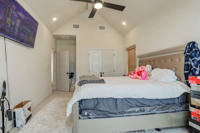 3713 128th St, Lubbock, TX 79423 - carpeted bedroom featuring beam ceiling, high vaulted ceiling, ceiling fan, recessed lighting, and a closet