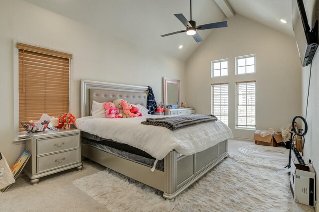 3713 128th St, Lubbock, TX 79423 - bedroom featuring light colored carpet, beamed ceiling, high vaulted ceiling, recessed lighting, and a ceiling fan