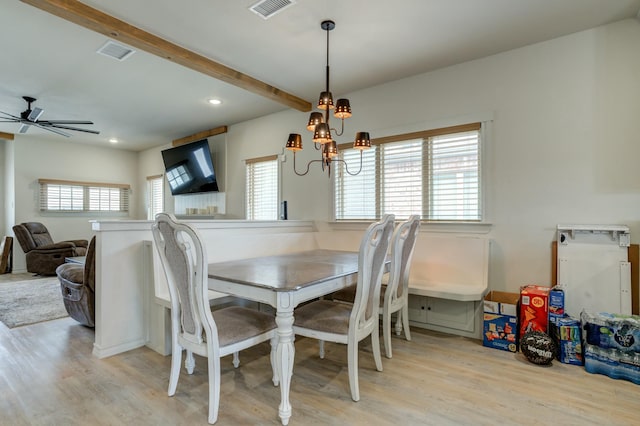 3713 128th St, Lubbock, TX 79423 - dining space with wood finished floors, a ceiling fan, a chandelier, recessed lighting, and beam ceiling