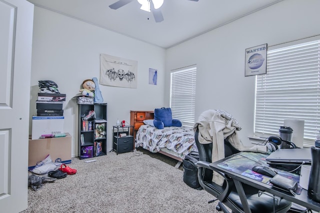 bedroom with ceiling fan and carpet