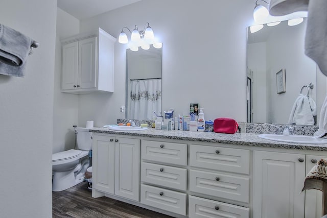 bathroom featuring vanity, a shower with curtain, wood-type flooring, and toilet