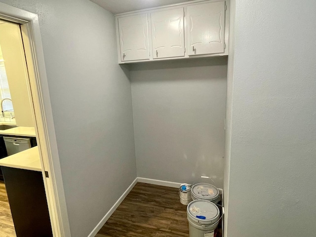 clothes washing area with sink and dark hardwood / wood-style flooring