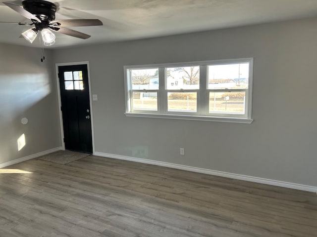 foyer entrance with hardwood / wood-style flooring and ceiling fan