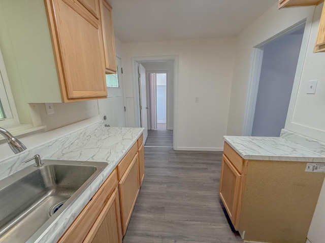 kitchen with sink, light brown cabinets, and dark hardwood / wood-style flooring