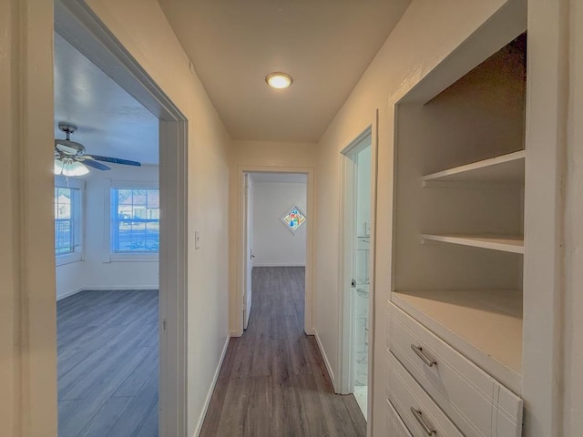 corridor with wood-type flooring