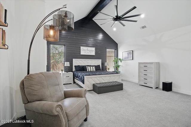 9105 Kewanee Ave, Lubbock, TX 79424 - carpeted bedroom featuring baseboards, beamed ceiling, high vaulted ceiling, and recessed lighting