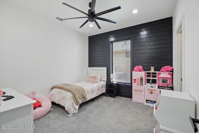 9105 Kewanee Ave, Lubbock, TX 79424 - bedroom with light carpet, recessed lighting, and a ceiling fan