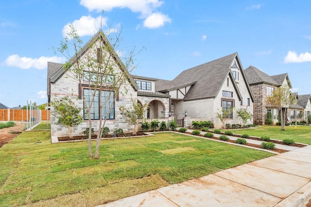 tudor home with a front lawn