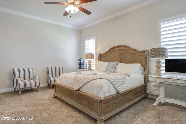 7204 90th St, Lubbock, TX 79424 - bedroom featuring carpet flooring, ornamental molding, baseboards, and ceiling fan