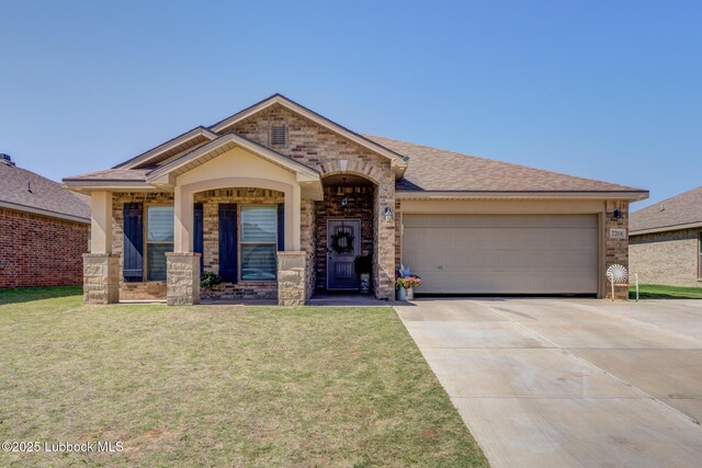 7204 90th St, Lubbock, TX 79424 - view of front of home featuring driveway, an attached garage, a front yard, brick siding, and roof with shingles
