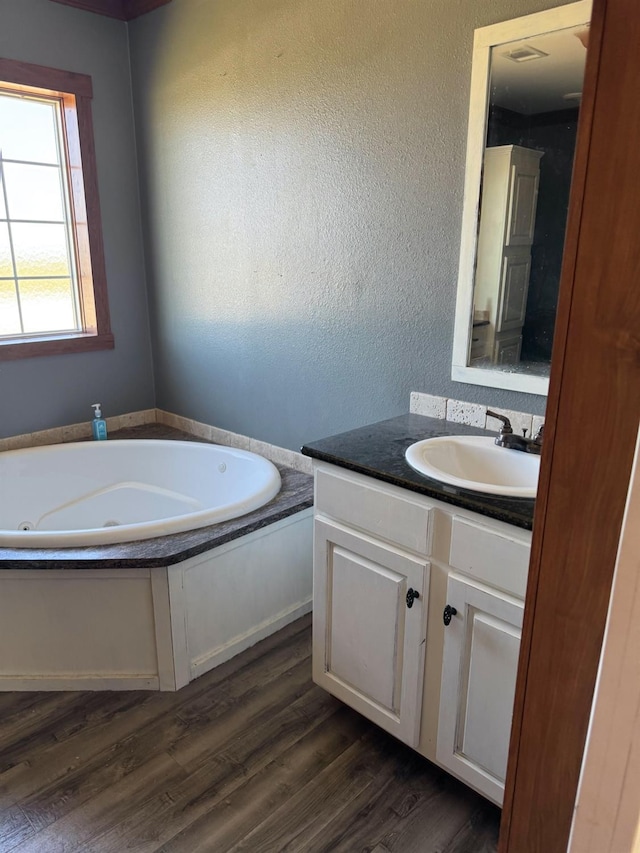 bathroom featuring vanity, wood-type flooring, and a tub
