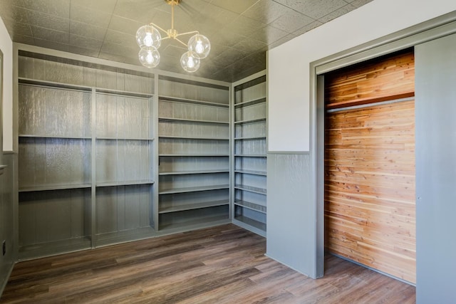 walk in closet with an inviting chandelier and dark hardwood / wood-style floors