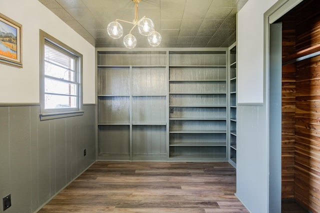 walk in closet with an inviting chandelier and dark hardwood / wood-style flooring