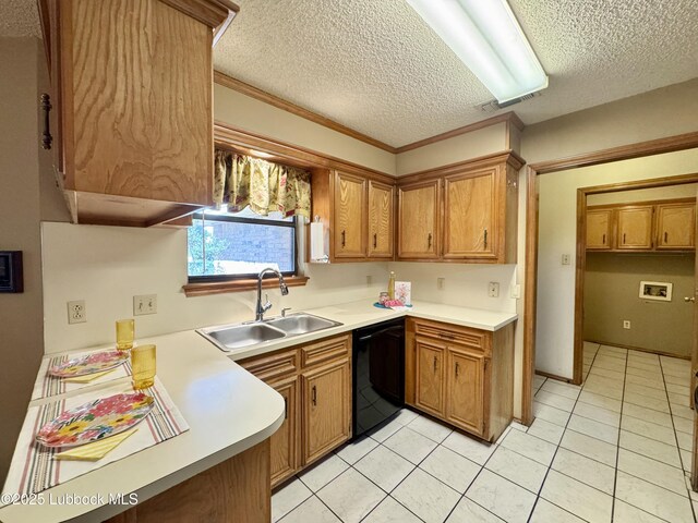 5508 94th St, Lubbock, TX 79424 - kitchen featuring black dishwasher, a sink, brown cabinetry, light countertops, and light tile patterned flooring