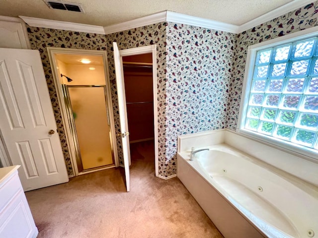 bathroom featuring ornamental molding, plus walk in shower, a textured ceiling, and vanity