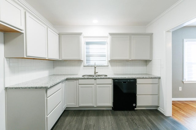 kitchen with white cabinetry, dark hardwood / wood-style floors, dishwasher, and sink