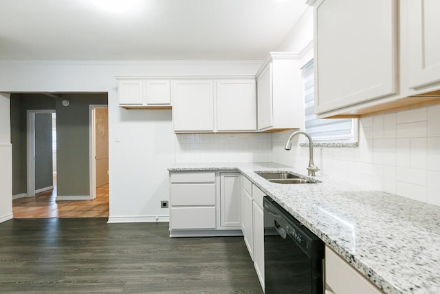 kitchen with sink, light stone counters, dishwasher, decorative backsplash, and white cabinets