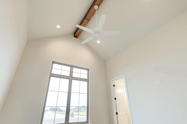 interior details featuring beam ceiling and ceiling fan