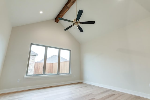 empty room featuring ceiling fan, high vaulted ceiling, beam ceiling, and light hardwood / wood-style floors