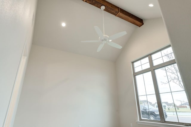 details with ceiling fan and beam ceiling