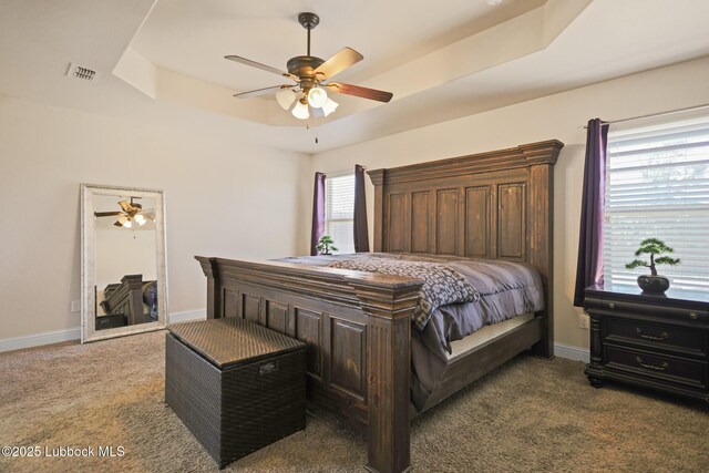 11104 Englewood Ave, Lubbock, TX 79424 - bedroom featuring a tray ceiling, carpet, visible vents, and baseboards
