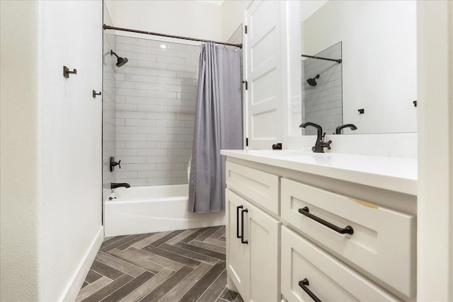 bathroom with shower / bathtub combination with curtain, vanity, and parquet flooring