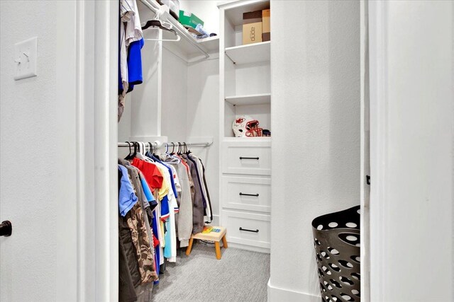 walk in closet featuring light carpet