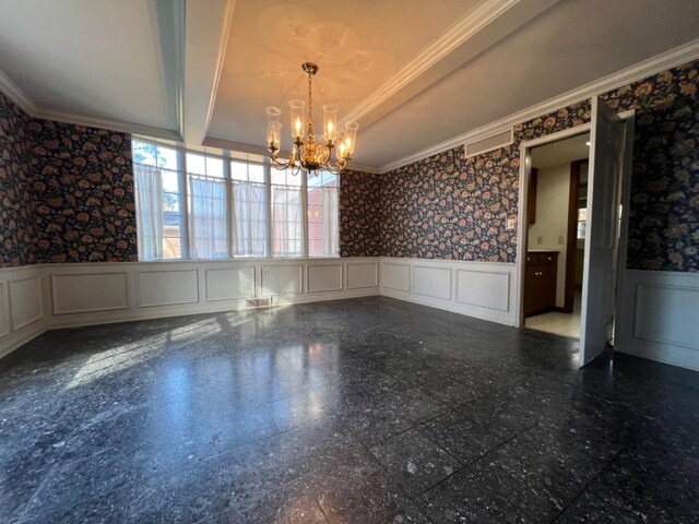 unfurnished dining area with an inviting chandelier and crown molding