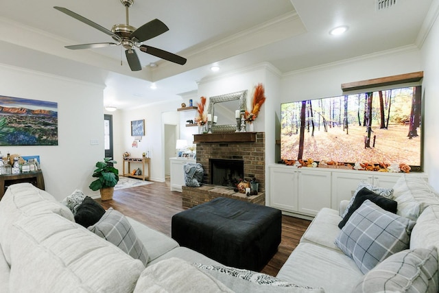 living room featuring crown molding, dark hardwood / wood-style flooring, and a raised ceiling