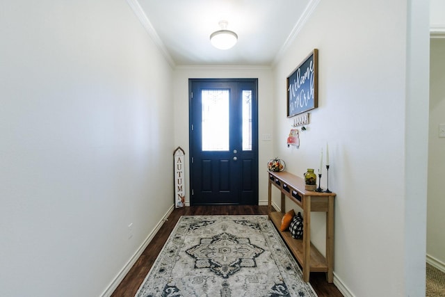 doorway to outside featuring ornamental molding and dark hardwood / wood-style floors