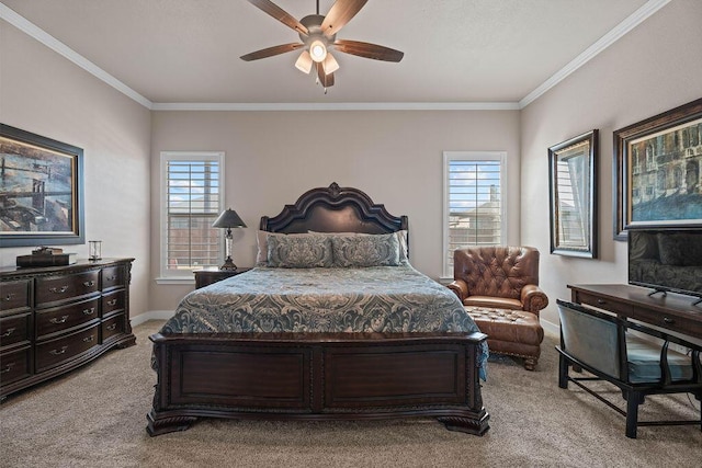 carpeted bedroom featuring ornamental molding and ceiling fan