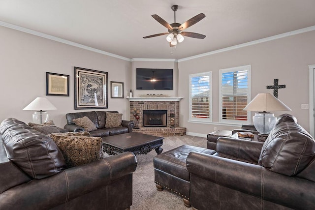 carpeted living room with crown molding, a fireplace, and ceiling fan